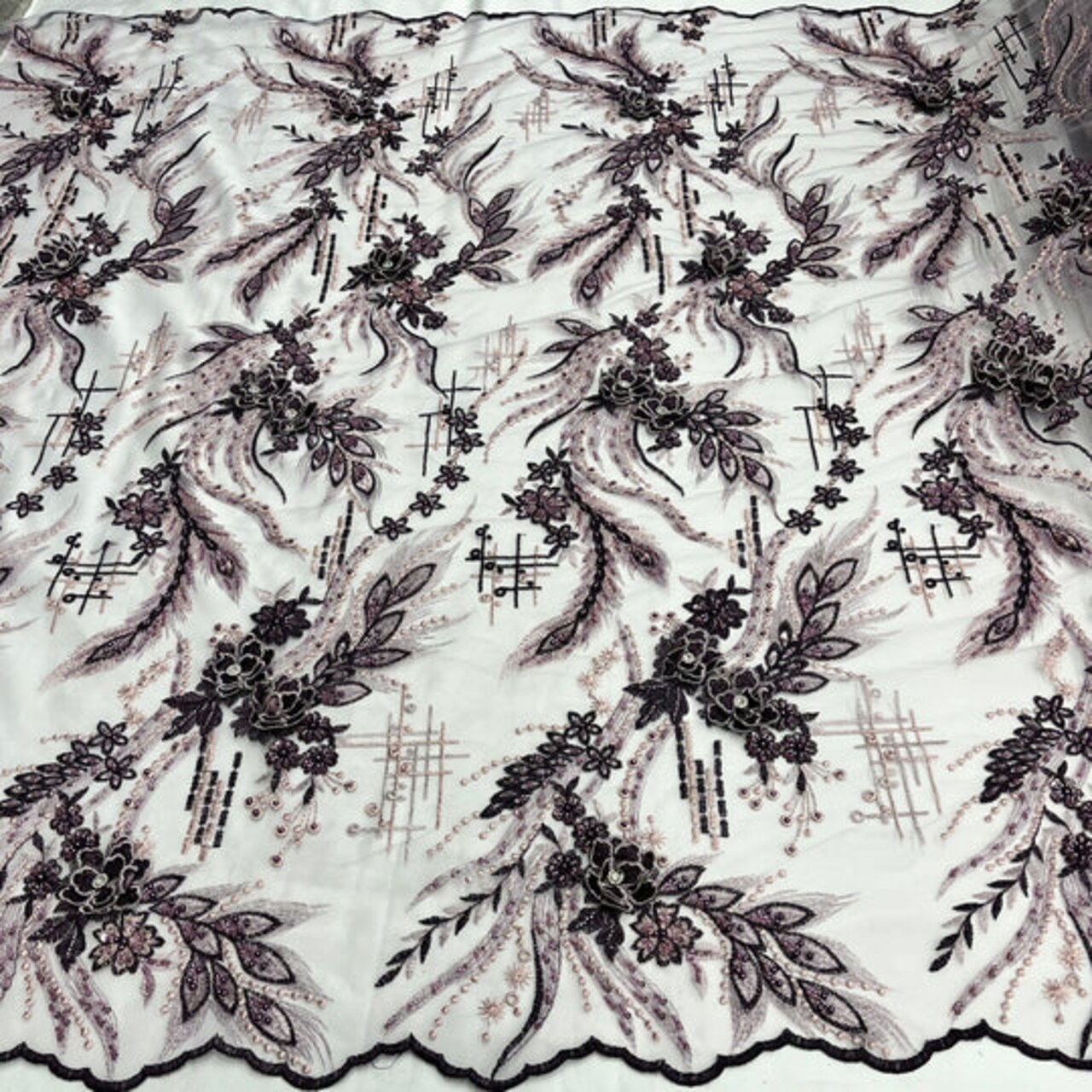 1 Yard Beaded Rhinestone 3D Floral Lace Fabric Embroidered 100 Percent Polyester Net Mesh 50 inch Width